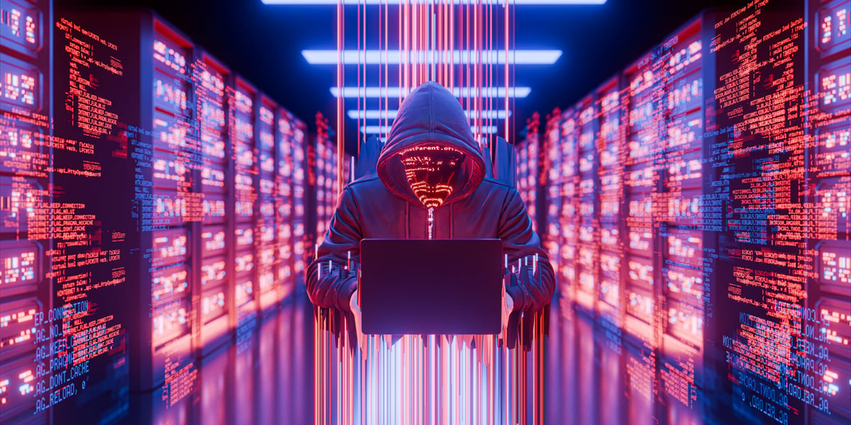 3D render: Hooded hacker holding laptop server room, glowing red blue lights. Cybercrime, data breach, digital security, internet fraud concept.
