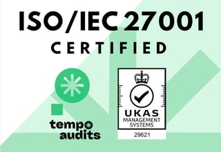 ISO/IEC 27001 certified badge with tempo audits logo and UKAS Management Systems certification mark