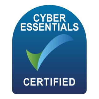 Cyber Essentials Certified badge with blue checkmark and green accent on dark blue rounded square background